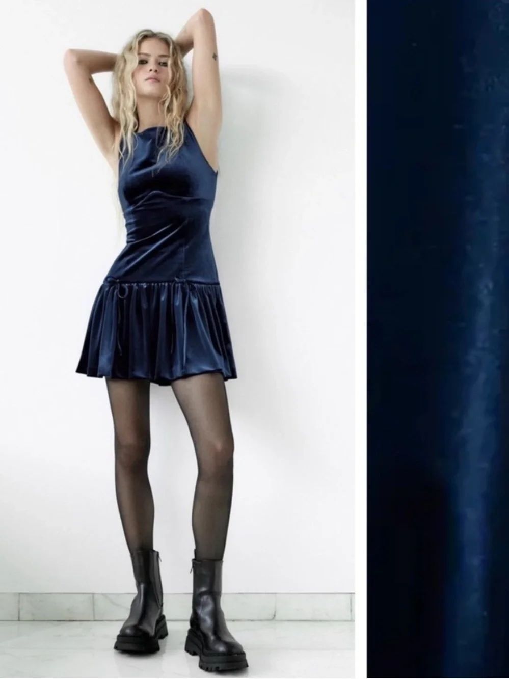 Zara Blue Velvet Drop Waist Mini Dress